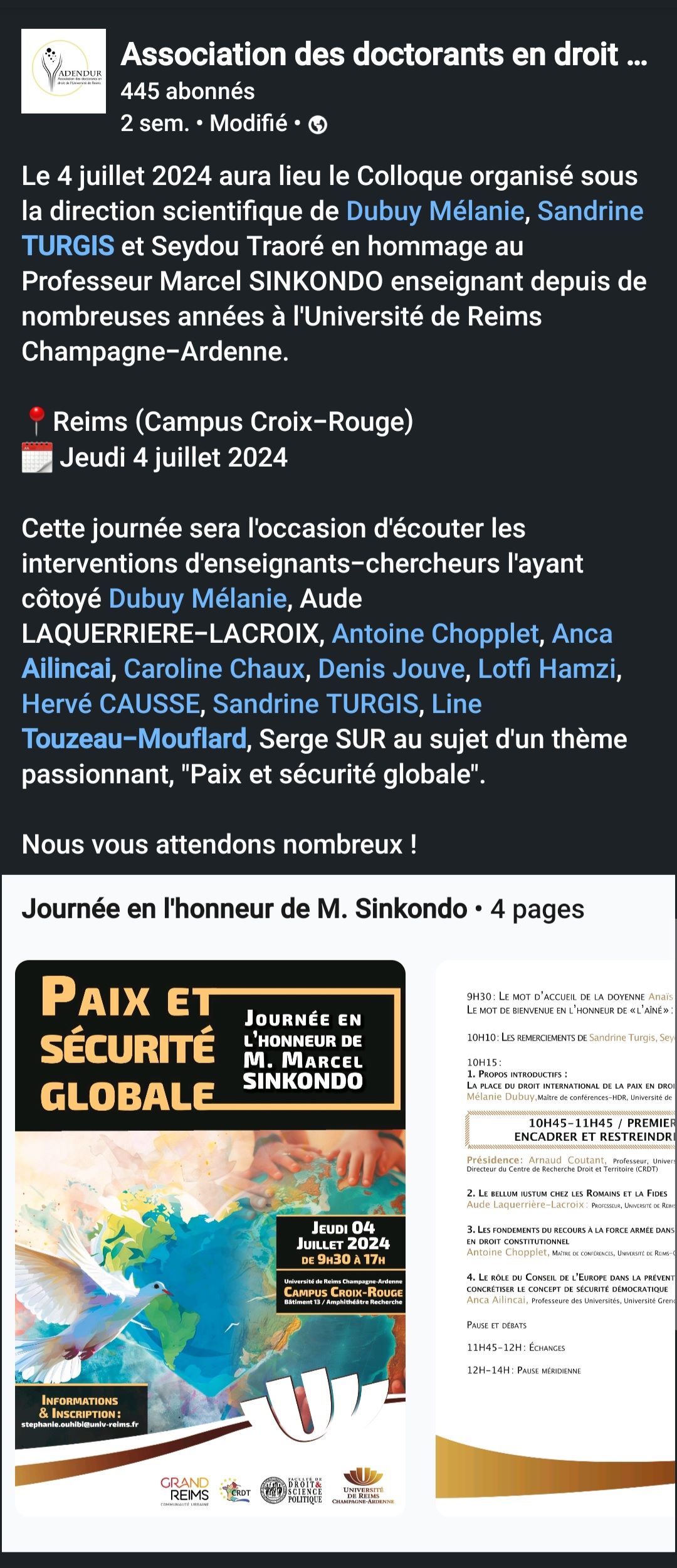 Journée Marcel SINKONDO : Paix et sécurité globale (URCA - Faculté de droit et de science politique)